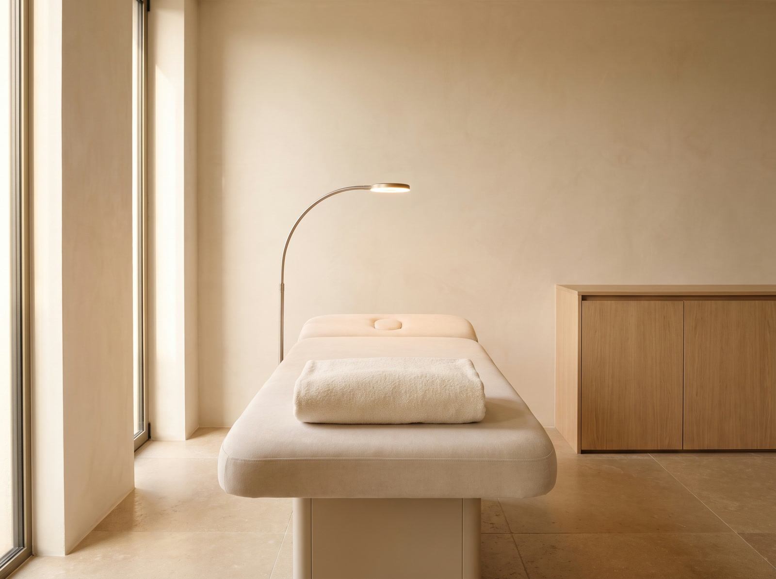Sala de procedimento clara, com a maca pronta e a luminária por cima